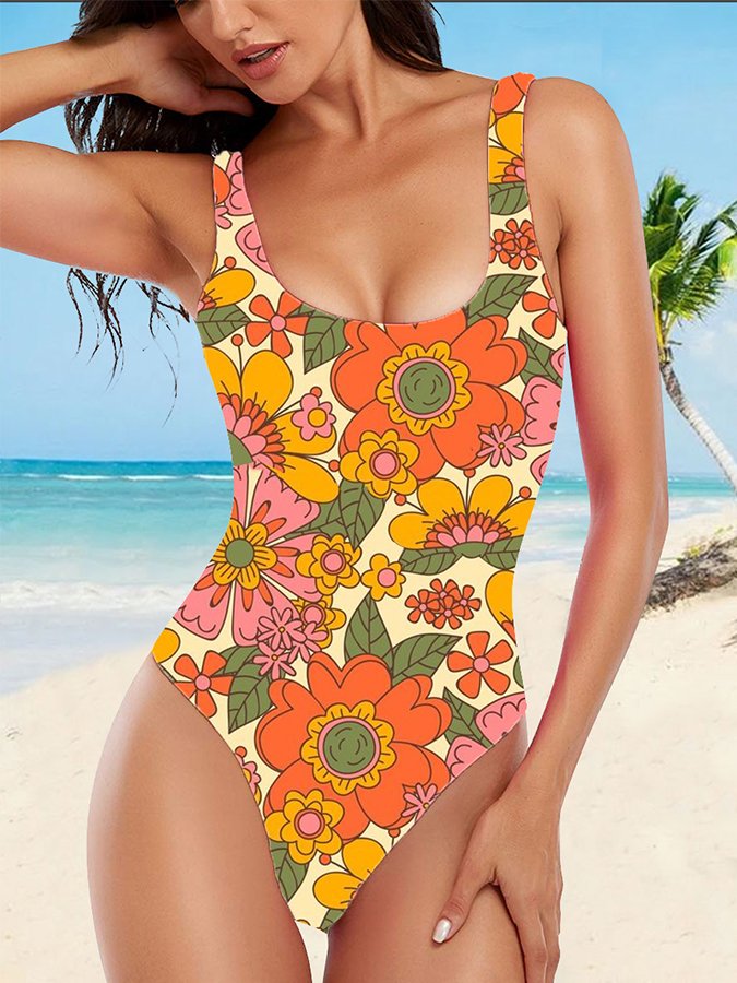 Women's Summer Floral Print One Piece Swimsuit