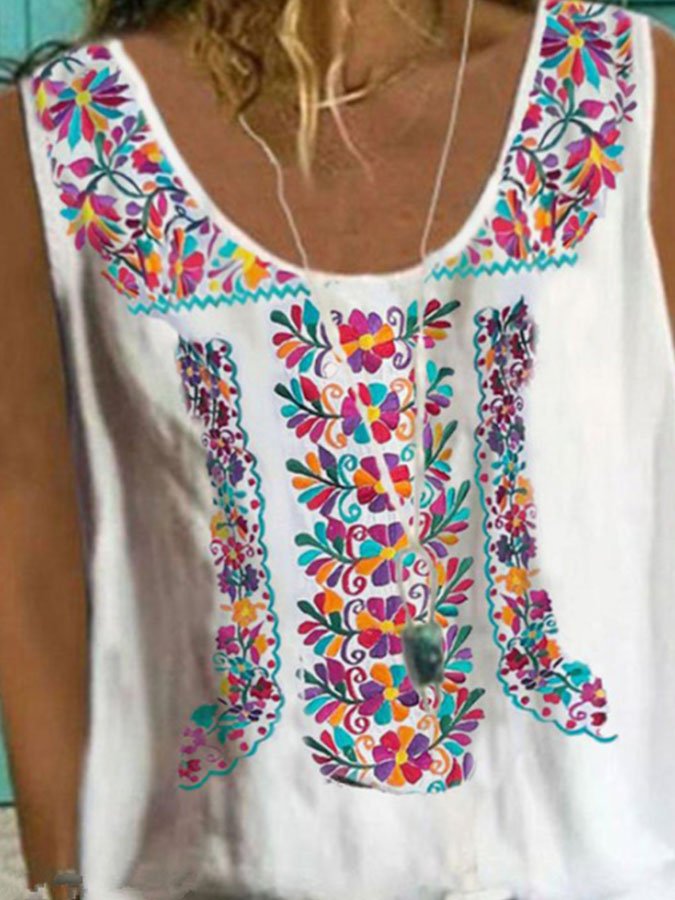 Crew Neck Ethnic Print Vest