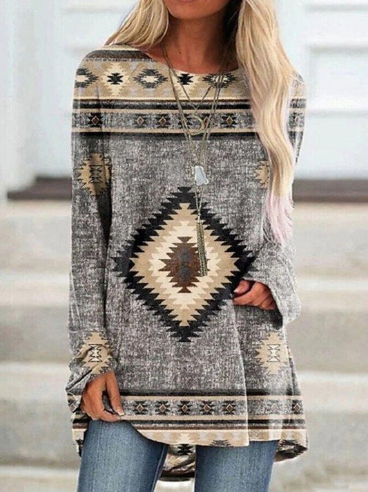 Vintage Crew Neck Long Sleeve Print Top