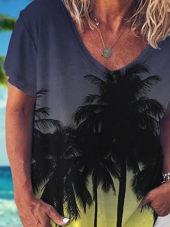 V-Neck Palm Tree Print Short Sleeve T-Shirt