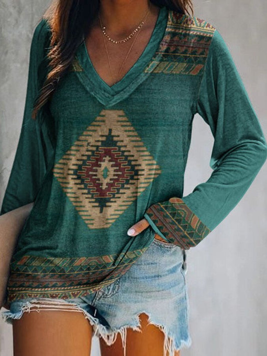 Women's western style AZTEC print V-neck T-shirt