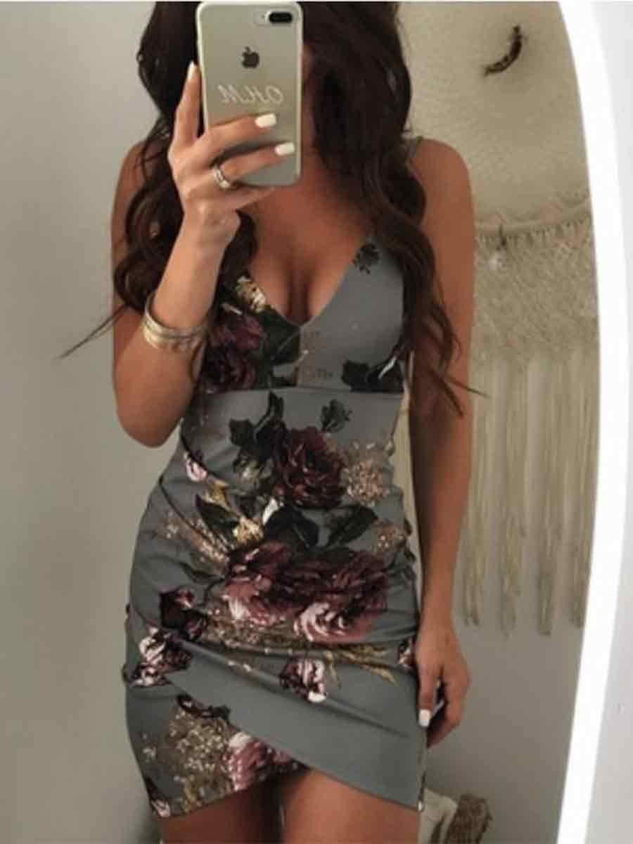 Strap V-Neck Irregular Hem Floral Bodycon Dress