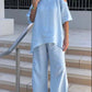 Women's Solid Color Round Neck Pullover Cotton Linen Short Sleeve Pants Set