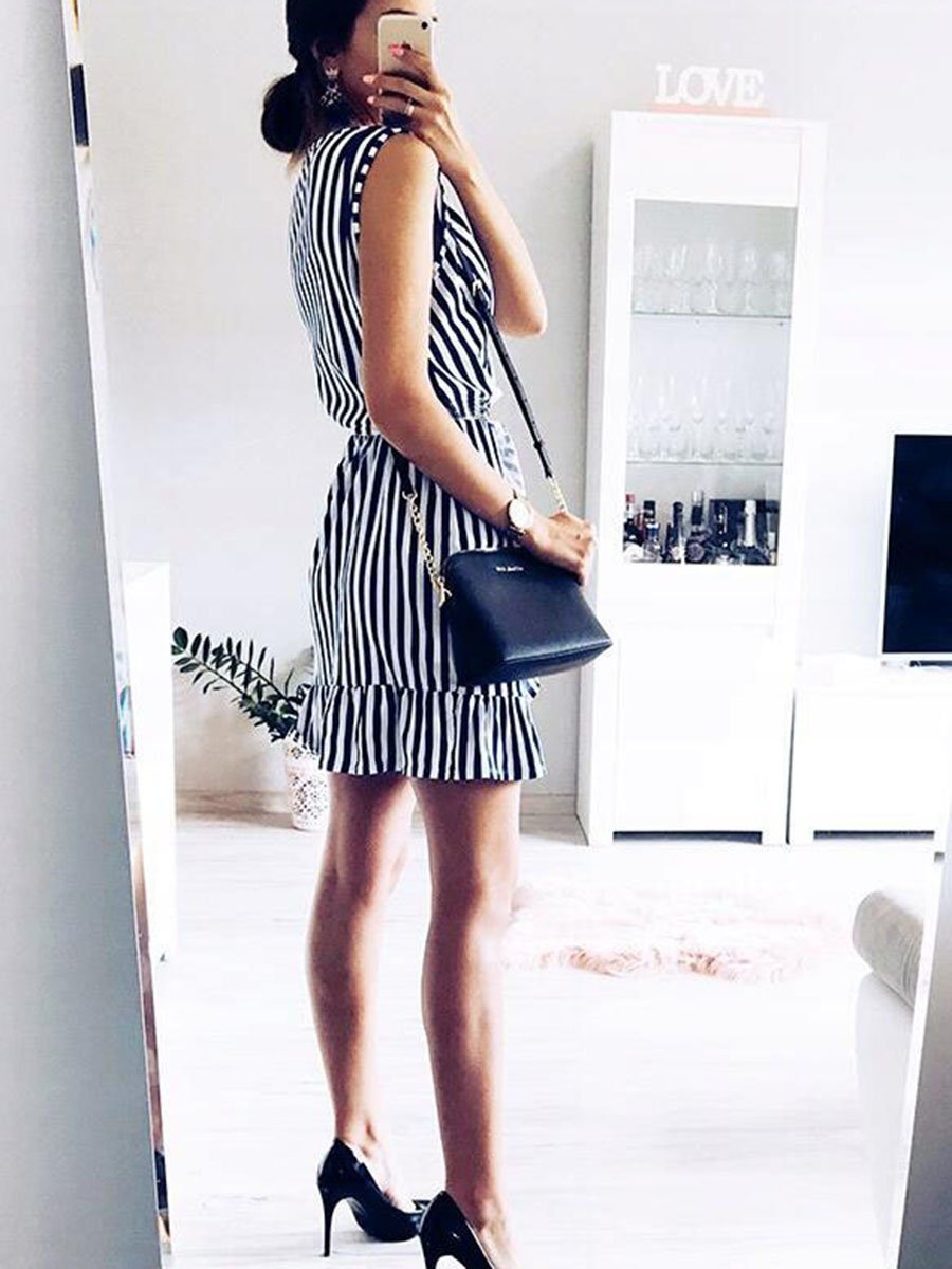 V-Neck Sleeveless Stripe Mini Dress