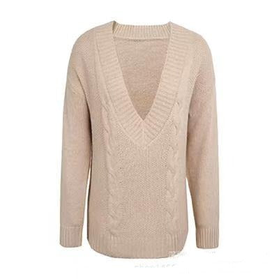 Women Deep V-neck Sweater Off Shoulder Oversized Knitted Pullover Knitwear