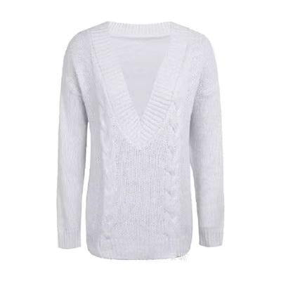 Women Deep V-neck Sweater Off Shoulder Oversized Knitted Pullover Knitwear