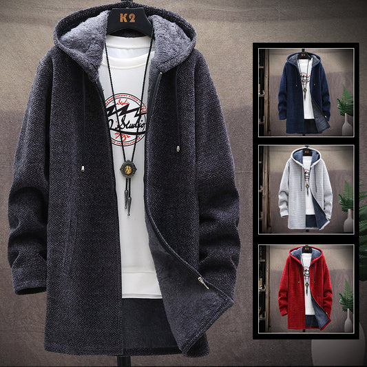 2022 Men Casual Sweaters Jacket Slim Long Thick Warm Hooded Sweater Coat