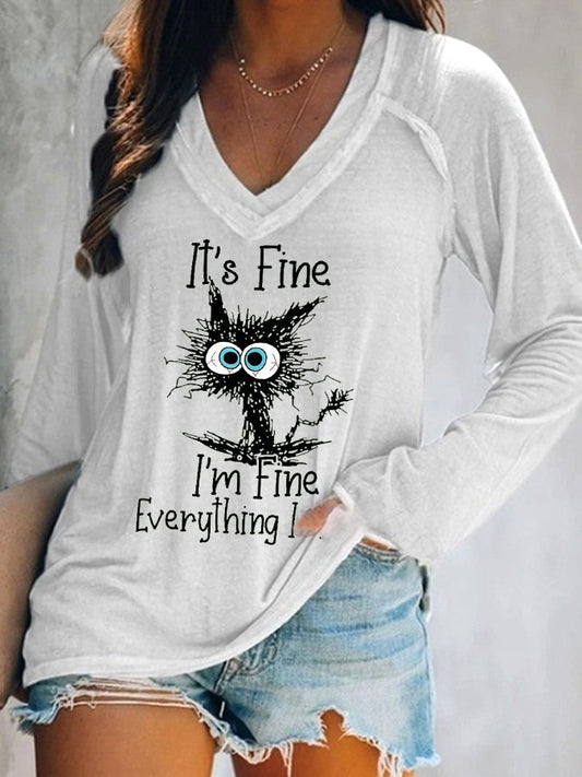 Women's It's Fine I'm Fine V-Neck Faith Letter Print T-shirt