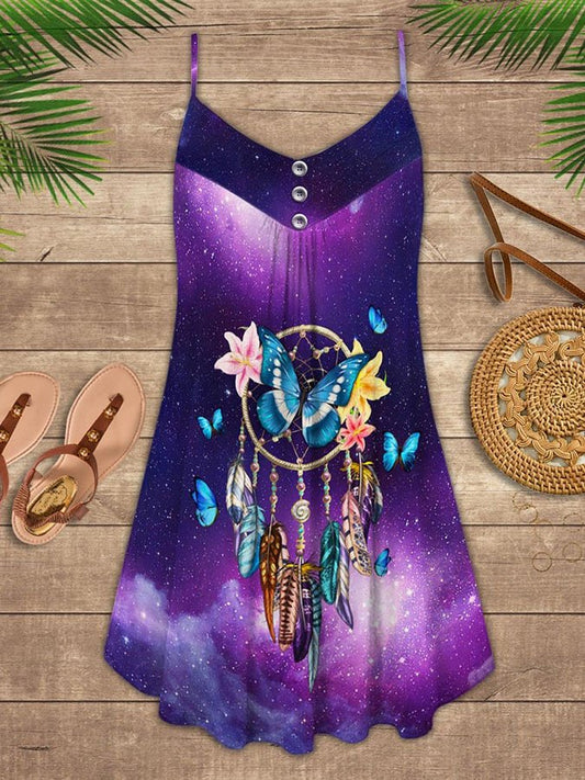 Western Butterfly Dream Catcher Feather Spaghetti Strap Dress