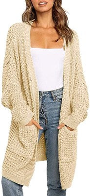 Batwing Sleeve Solid Color Pocket Cardigan