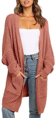 Batwing Sleeve Solid Color Pocket Cardigan