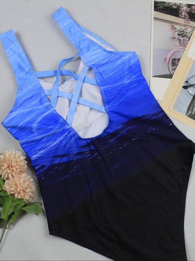 Gradient Print Open-Back Swimsuit