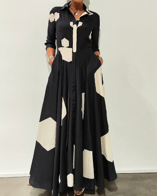 Long Sleeve Lapel Geometric Print Dress