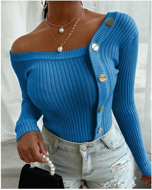 Button Design Long Sleeve Knit Sweater - smallgiftshops
