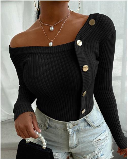 Button Design Long Sleeve Knit Sweater - smallgiftshops