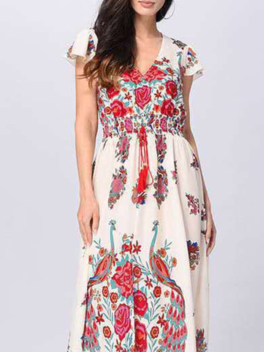 V-Neck Short Sleeves Floral Dress