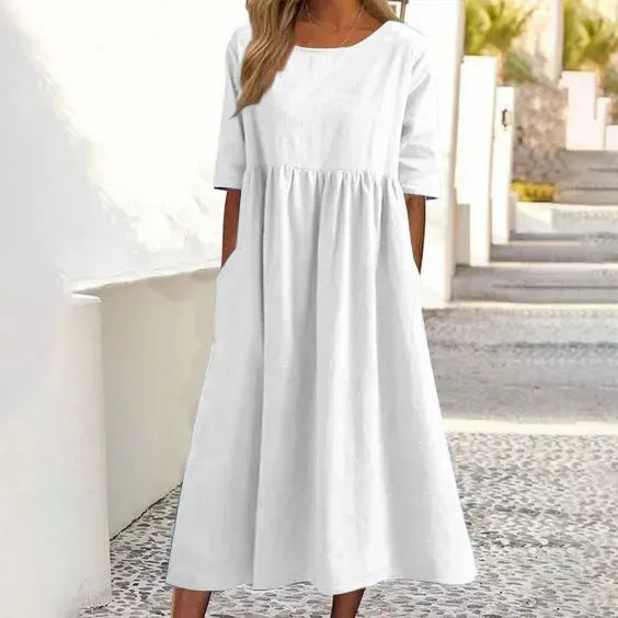 Mother's Day Sale - 50% OFF-Women's Casual Basic Outdoor Crew Neck Pocket Smocked Cotton Dress