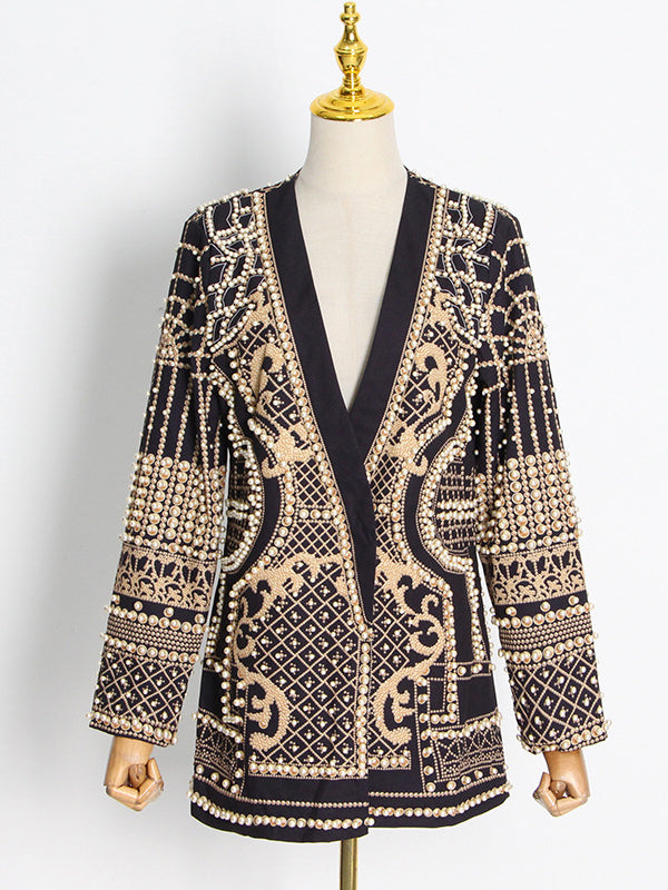 Original Creation Loose Long Sleeves Beads Printed V-Neck Blazer Outerwear