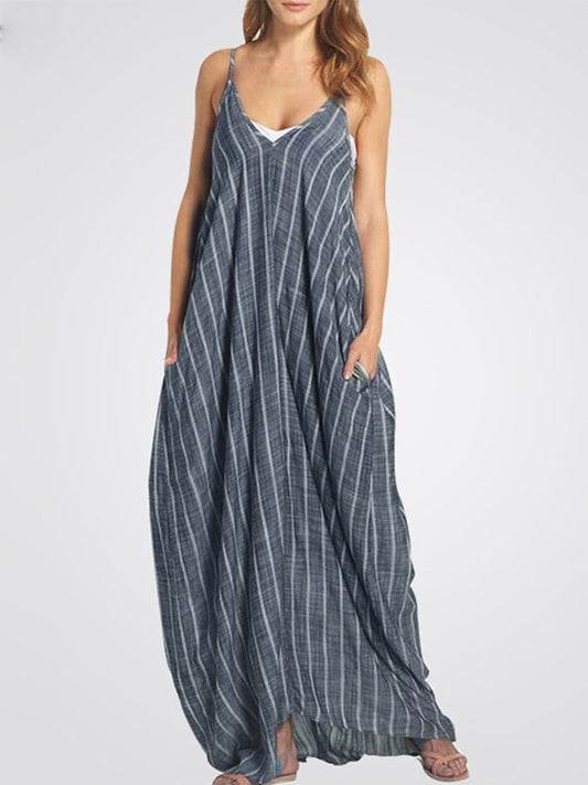 Striped V-Neck Pocket Slip Dress