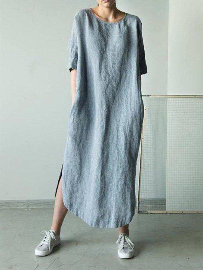 Women's Round Neck Mid Sleeve Cotton Linen Dress