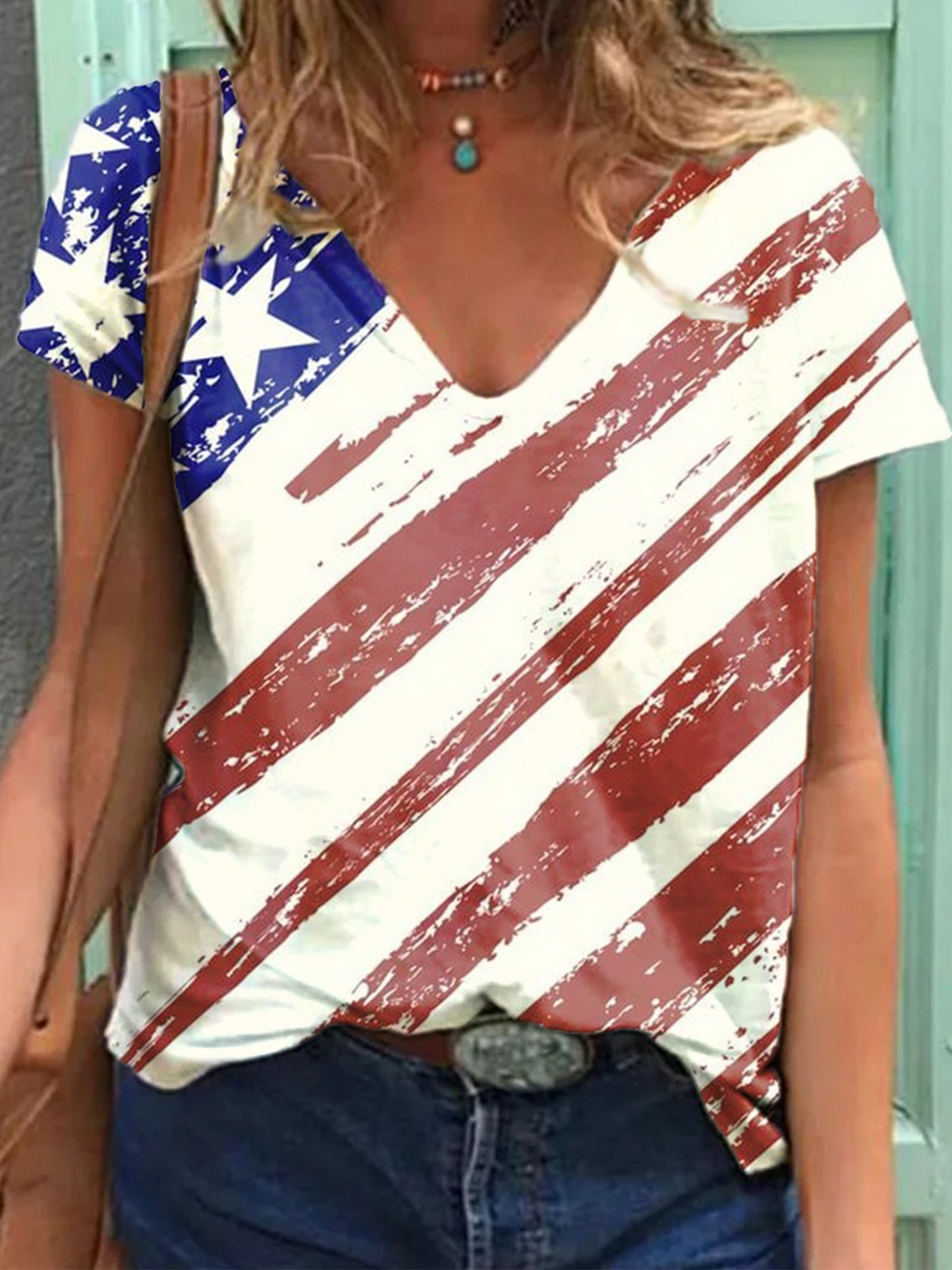 Women's Flag Print V-Necked T-Shirt