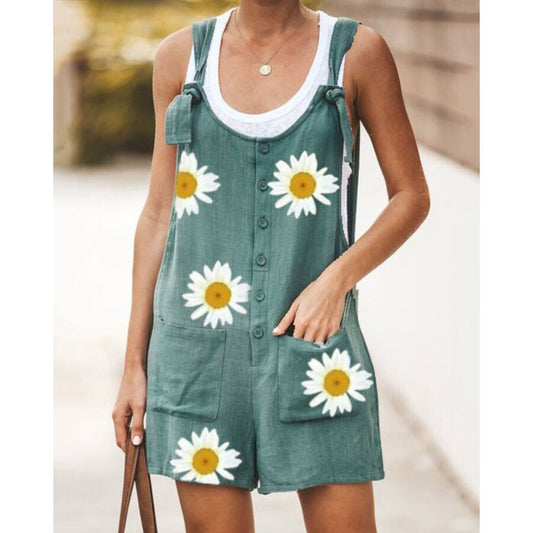 Sweet Daisy Pocket Cotton And Linen Shorts Jumpsuit