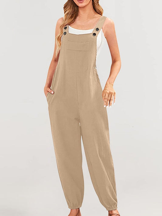 Solid Color Casual Cotton Linen Pocket Button Jumpsuit
