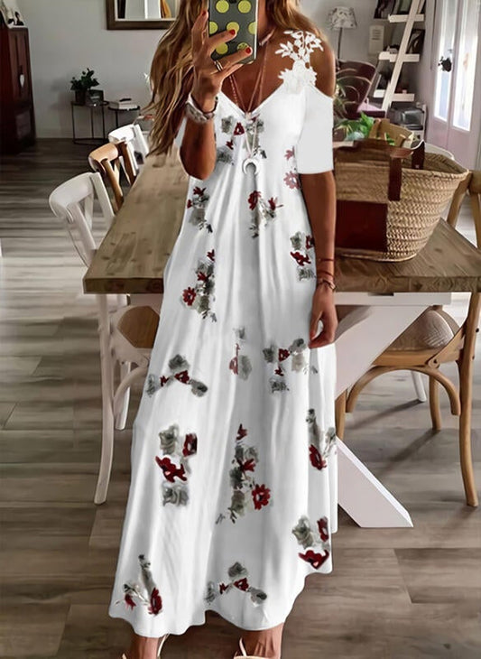 Floral Lace 1/2 Sleeves Cold Shoulder Sleeve Maxi Dress