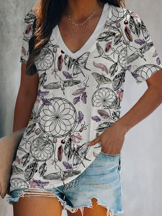 Dream Catcher Ethnic Print V-Neck T-Shirt