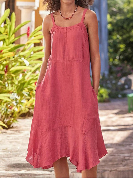 Women's Loose Solid Cotton Linen Patchwork Dress