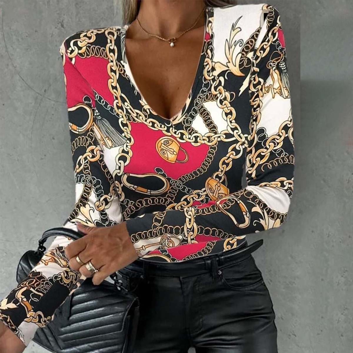 Abstract V-Neck Long Sleeve Top