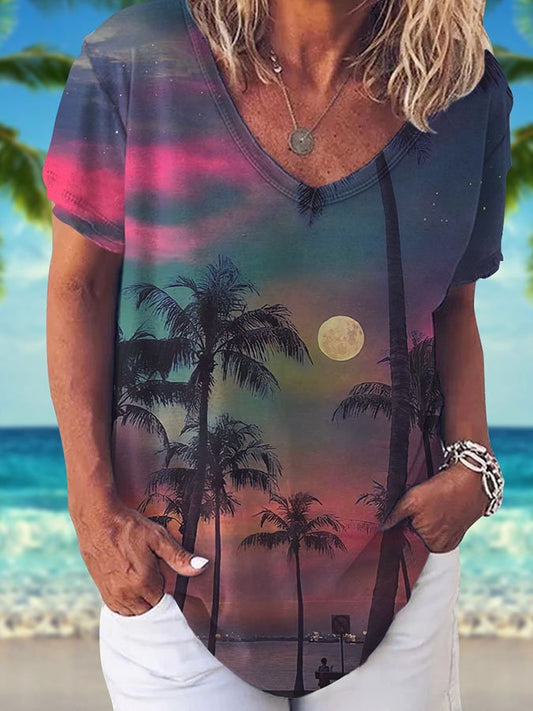 V-Neck Palm Tree Print Short Sleeve T-Shirt