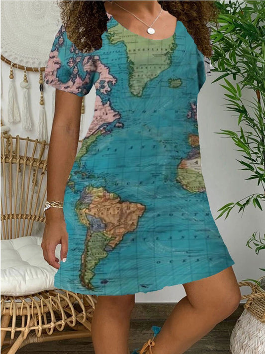 Vintage Map of The World Painting Print Short Sleeve Dress