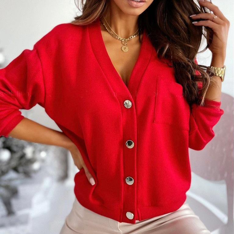 Solid Button V-Neck Women's Casual Cardigan Sweater