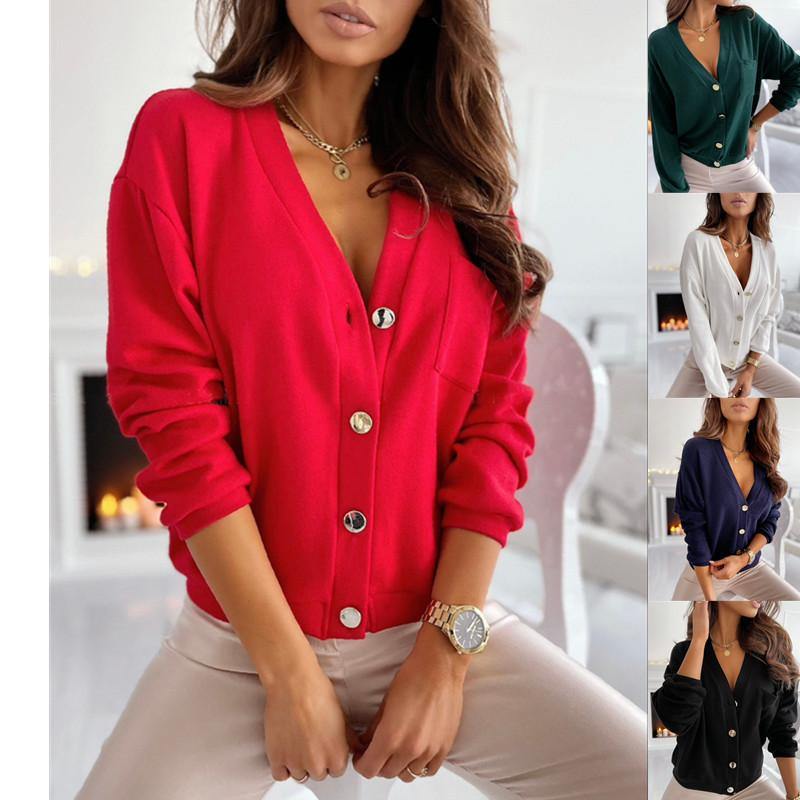 Solid Button V-Neck Women's Casual Cardigan Sweater