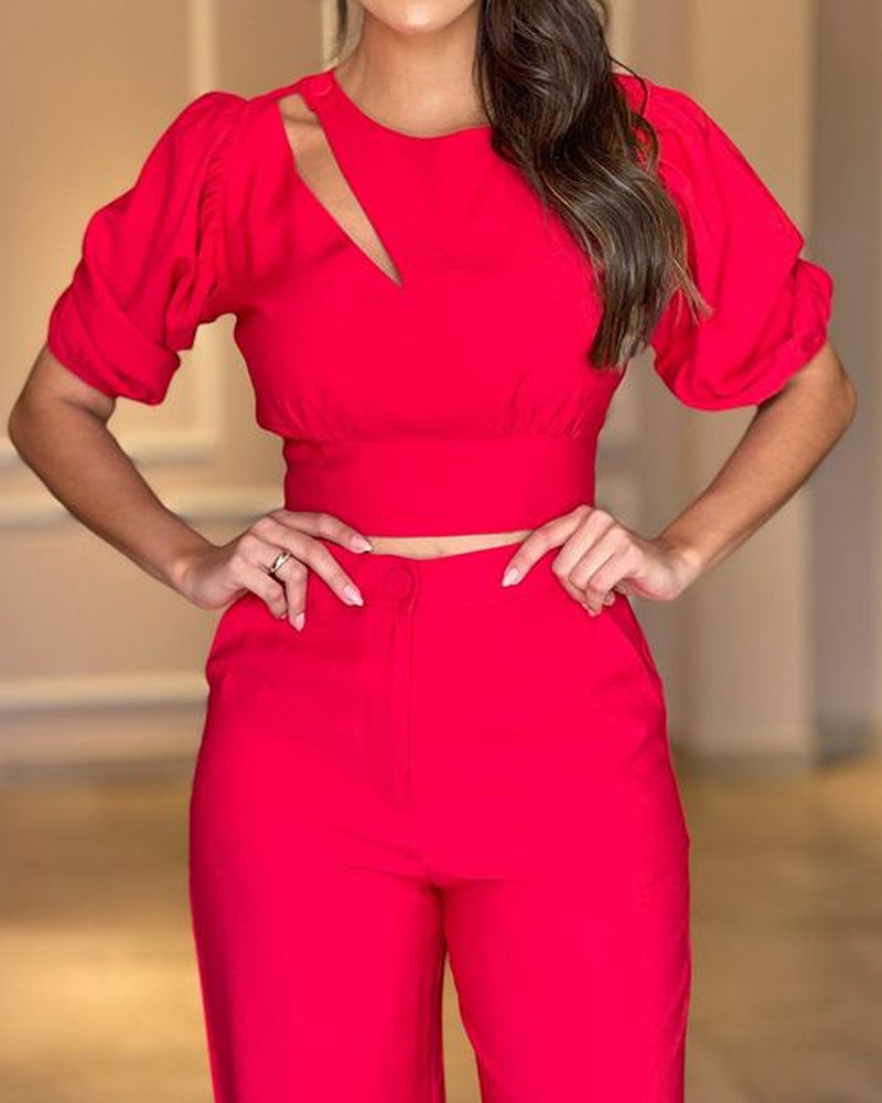 Casual Solid Color Cutout Top & Pants Two-Piece Set