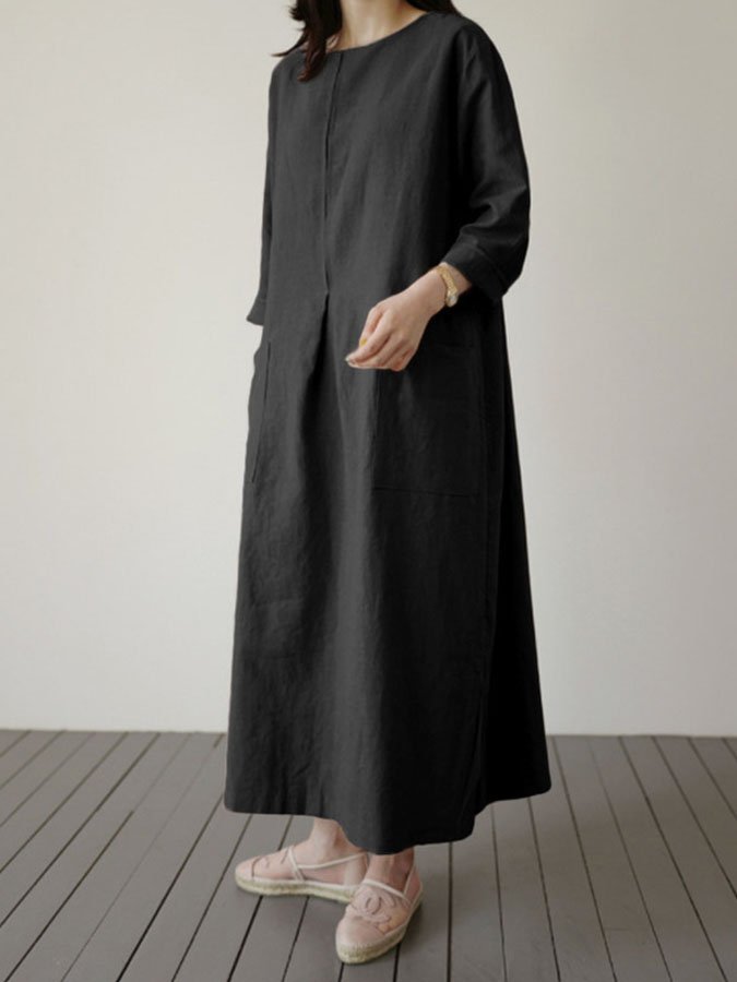 Cotton and Linen Long Sleeve Round Neck Swing Dress