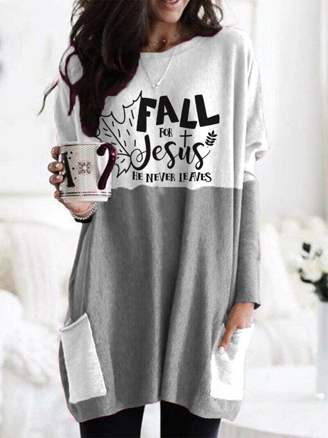 Women's Fall For Jesus He Never Leaves Pocket T-Shirt