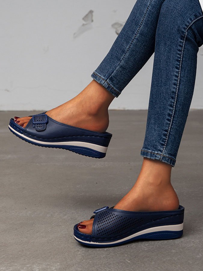 Casual Belt Buckle Fish Mouth Slippers