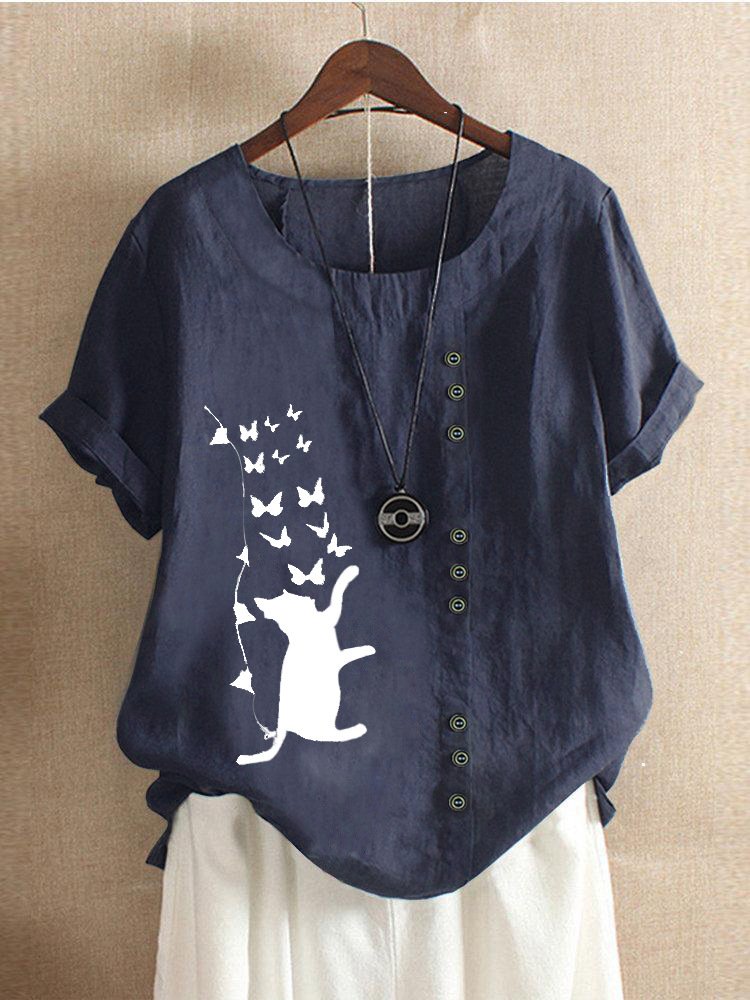 Cat Fluttering Butterfly Print Cotton And Linen Shirt