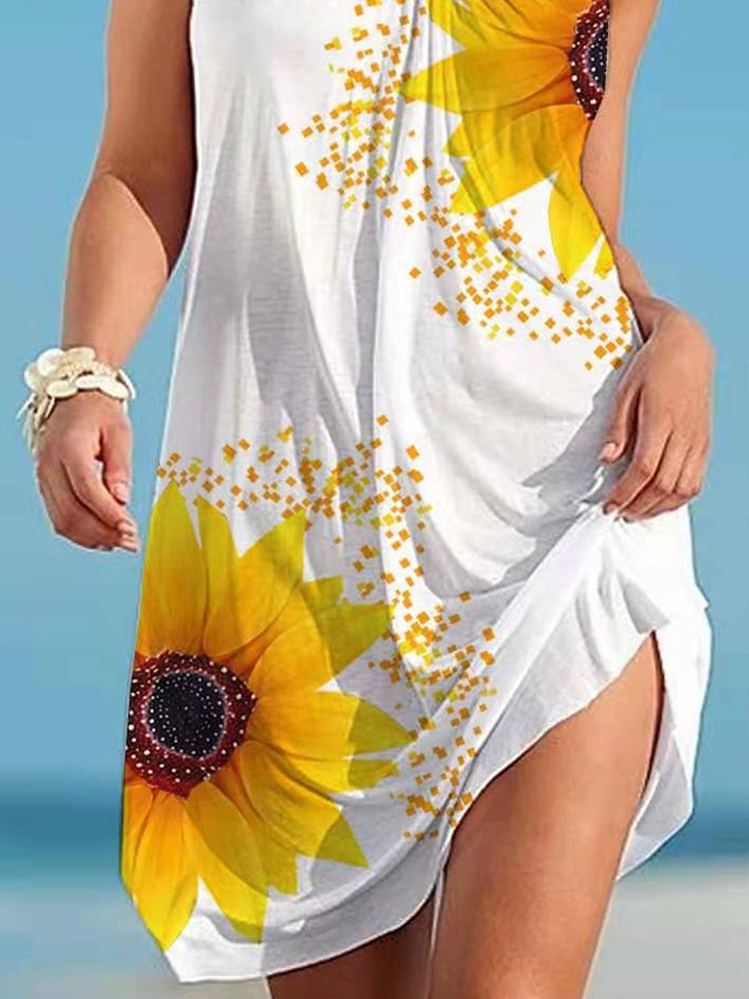 Sunflower Print Resort Strap Beach Dress