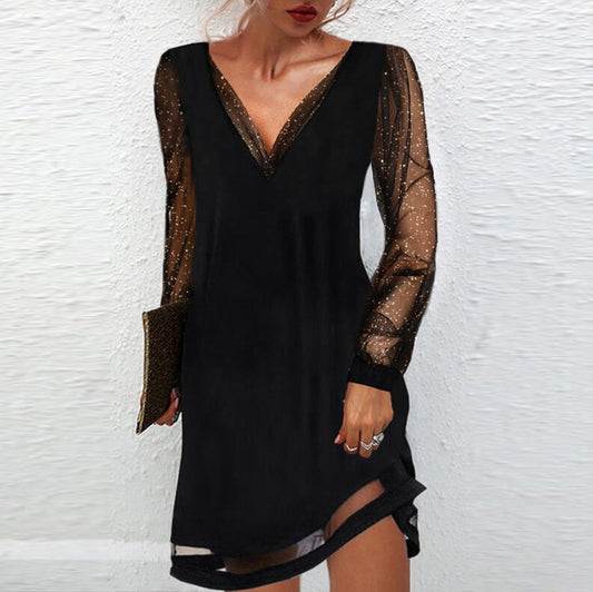 Solid Sequins Long Sleeves Shift Above Knee Little Black/Party/Elegant Dresses