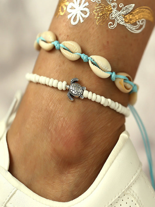 Bohemian Starfish Shell Blue Bead Anklet Set of Three