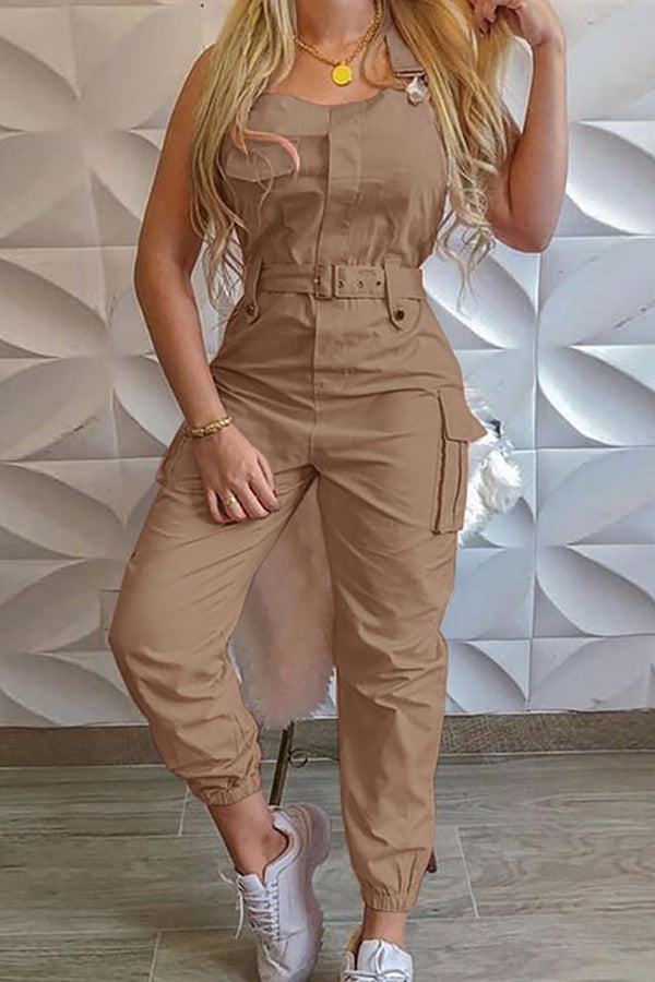 Pocket Buckle Design Cargo Suspender Jumpsuit