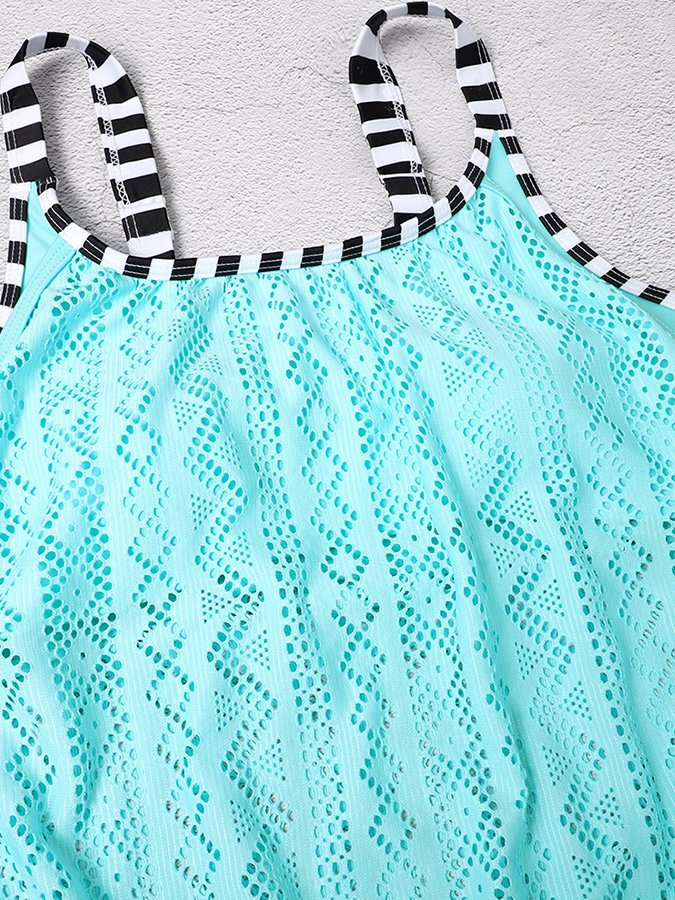 Striped Lace Panel Blue Tank Top Swimsuit