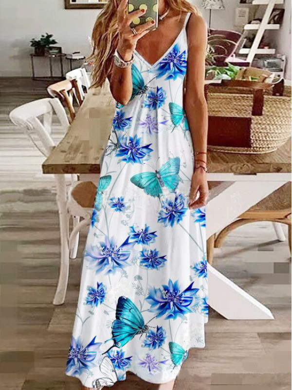 Butterfly Spaghetti Casual Maxi Dress