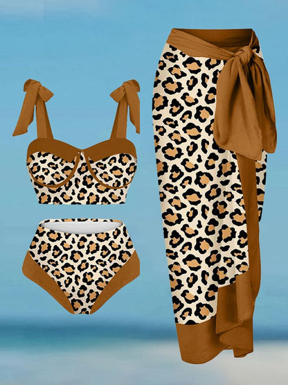 Fashion Leopard Colorblock Print Swimsuit Set