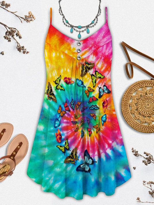 Tie Dye Butterfly Print Spaghetti Strap Dress