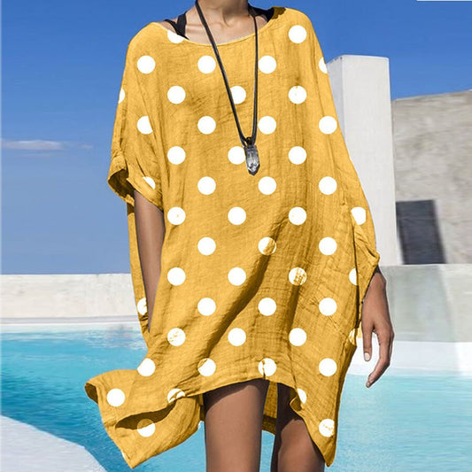 Polka Dot Print Loose Asymmetrical Sleeves Cotton Dress