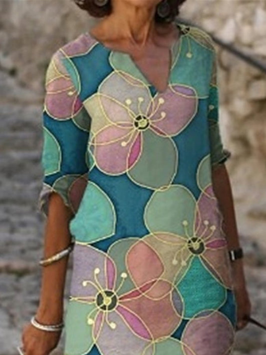 Floral Print V-Neck Loose Dress
